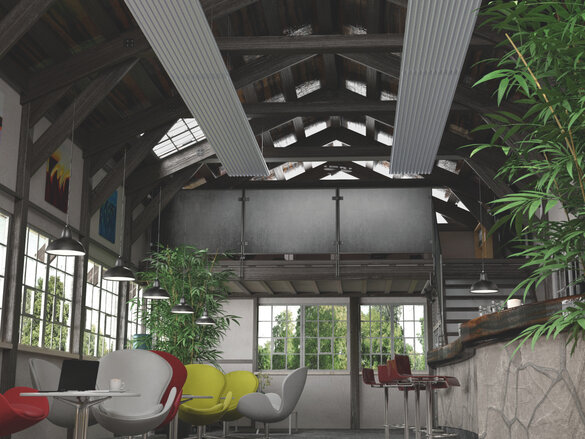 Rendering Zehnder ZFP Urban Heating and cooling ceiling system Angled view